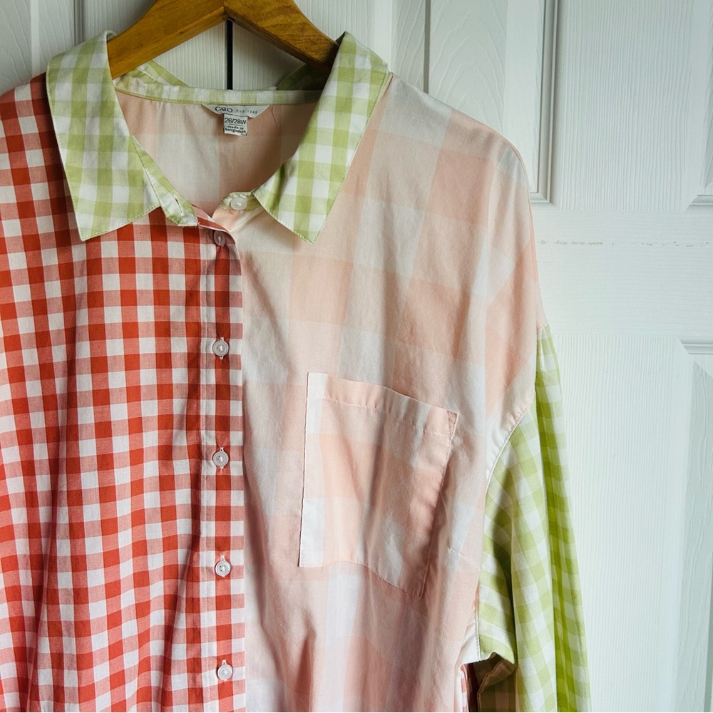 Cato high low gingham patchwork maximalist long sleeve button down shirt - Picture 6 of 8